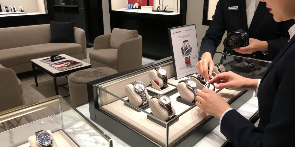 Showcasing high-quality replica watches in an elegant retail setting with luxury details.