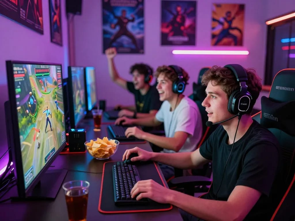 Friends enjoying an exciting multiplayer gaming session featuring MM88, with lively atmosphere and colorful LED lights.