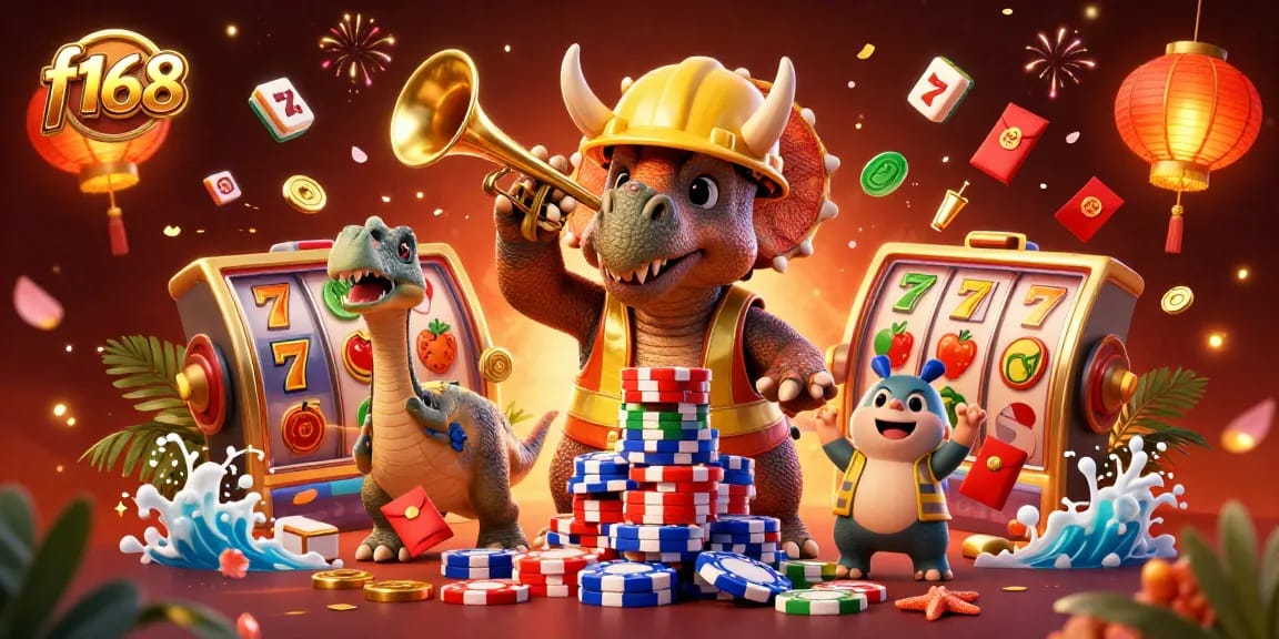 Experience thrilling slot action at f168 with a vibrant 3D casino scene celebrating wins.