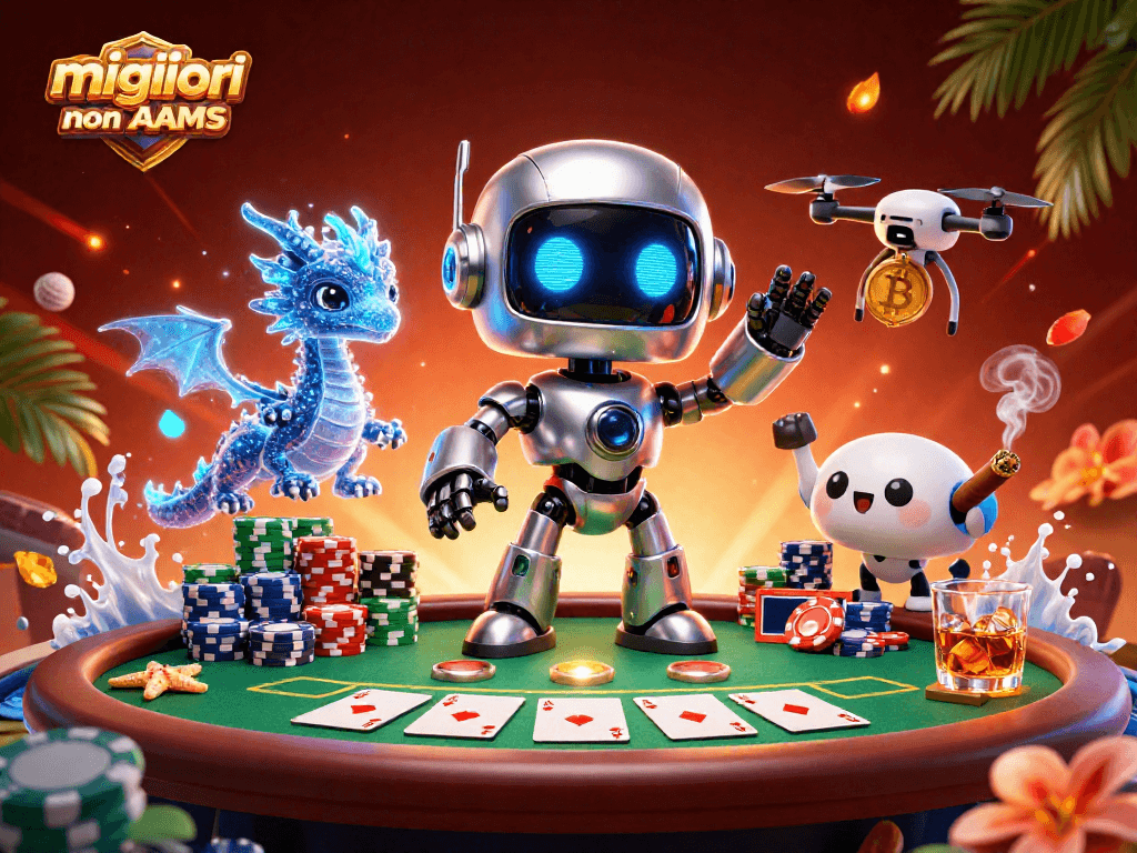 Scopri i migliori casino non AAMS con un robot cyberpunk e un drago olografico in un'illustrazione ricca di dettagli.