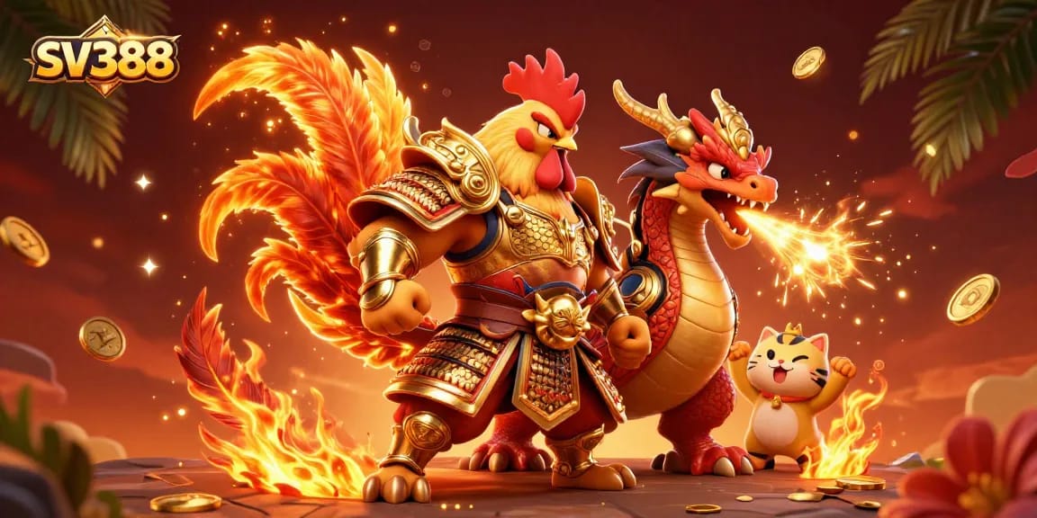 SV388 showcases a cartoon rooster warrior in a dynamic cockfighting scene, surrounded by vibrant gambling elements.