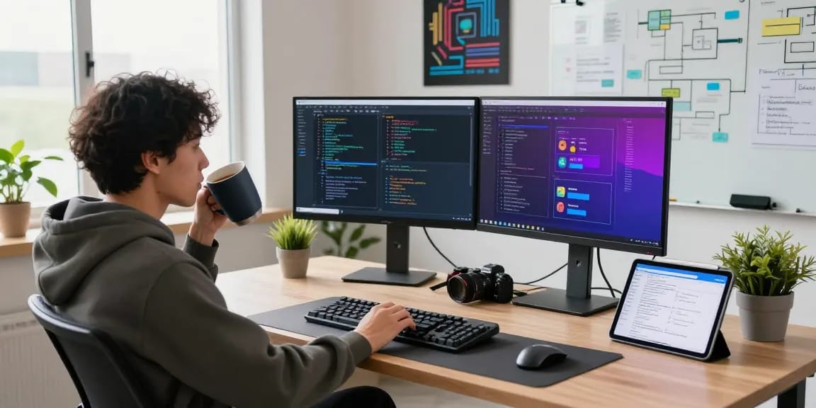 Developer at a tech workspace demonstrating Telegram Download in 2026 with dual monitors showing app coding and wireframes.
