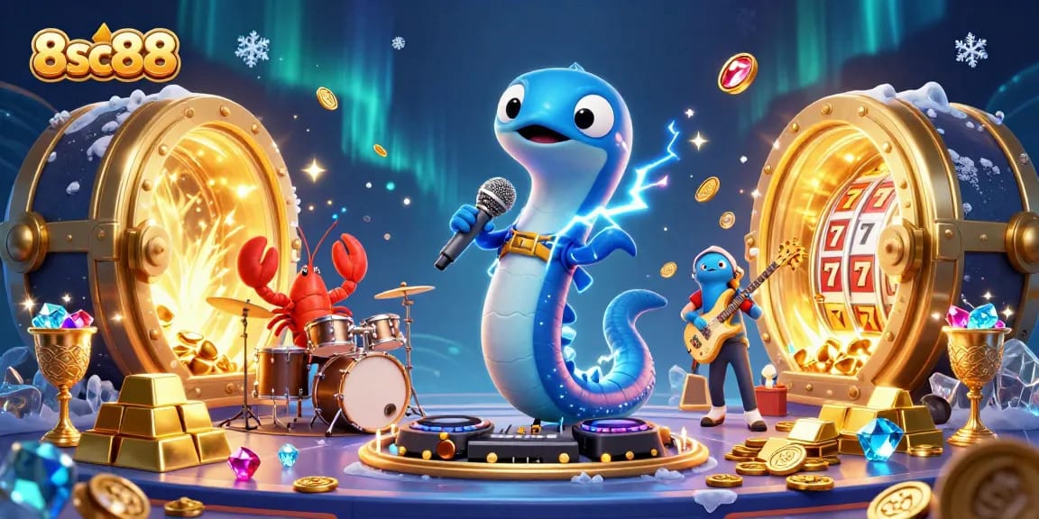8sc88 showcases a dynamic underwater casino stage with an electric eel DJ and band performing amidst sparkling treasures.