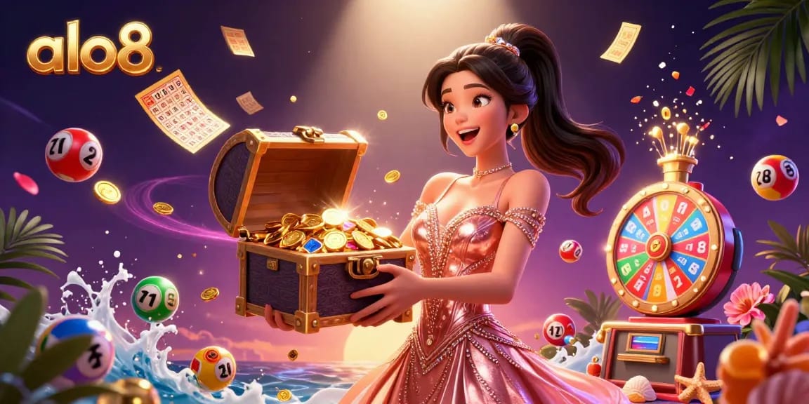 Experience excitement with alo8's vibrant treasure chest overflowing with golden coins and lottery balls.