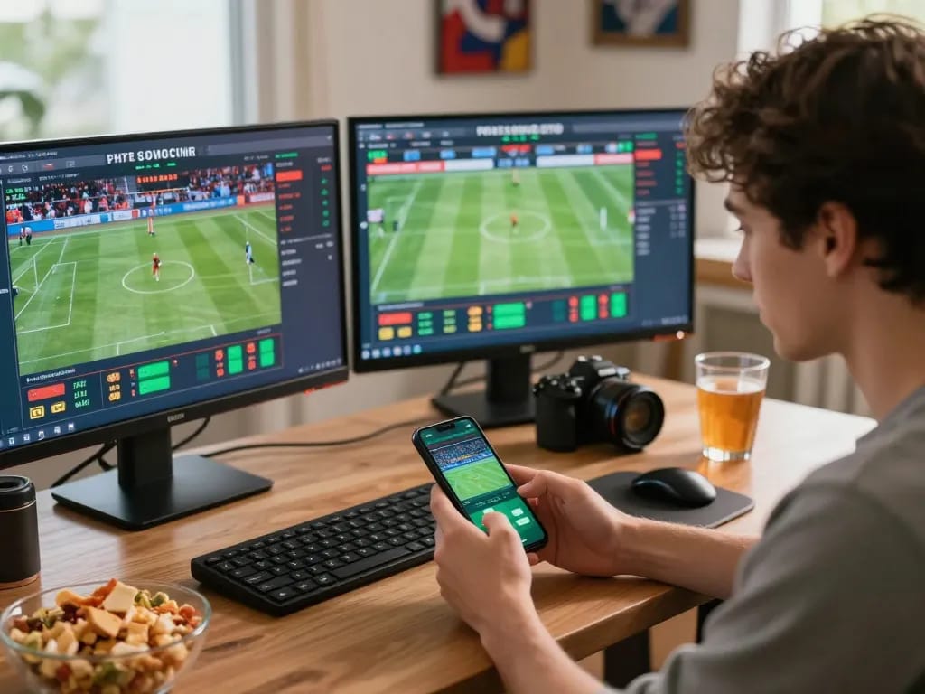 Person engaging in sports betting using keonhacai app on smartphone while focusing on game odds, strategic decision-making in comfortable home setting.