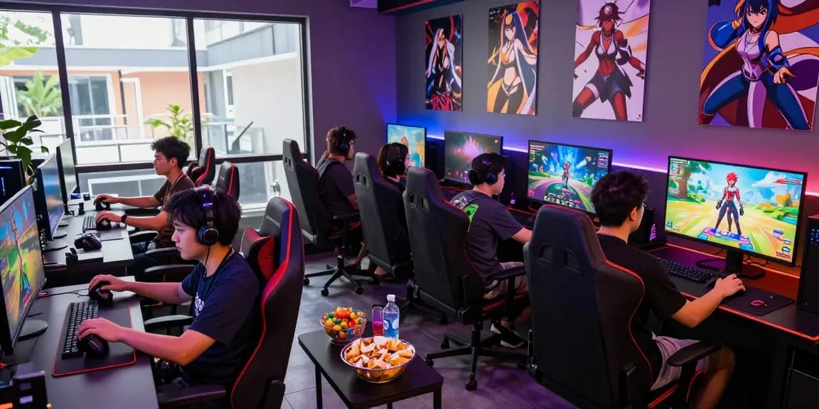 Excited group playing hentai games in vibrant gaming lounge with LED lighting.