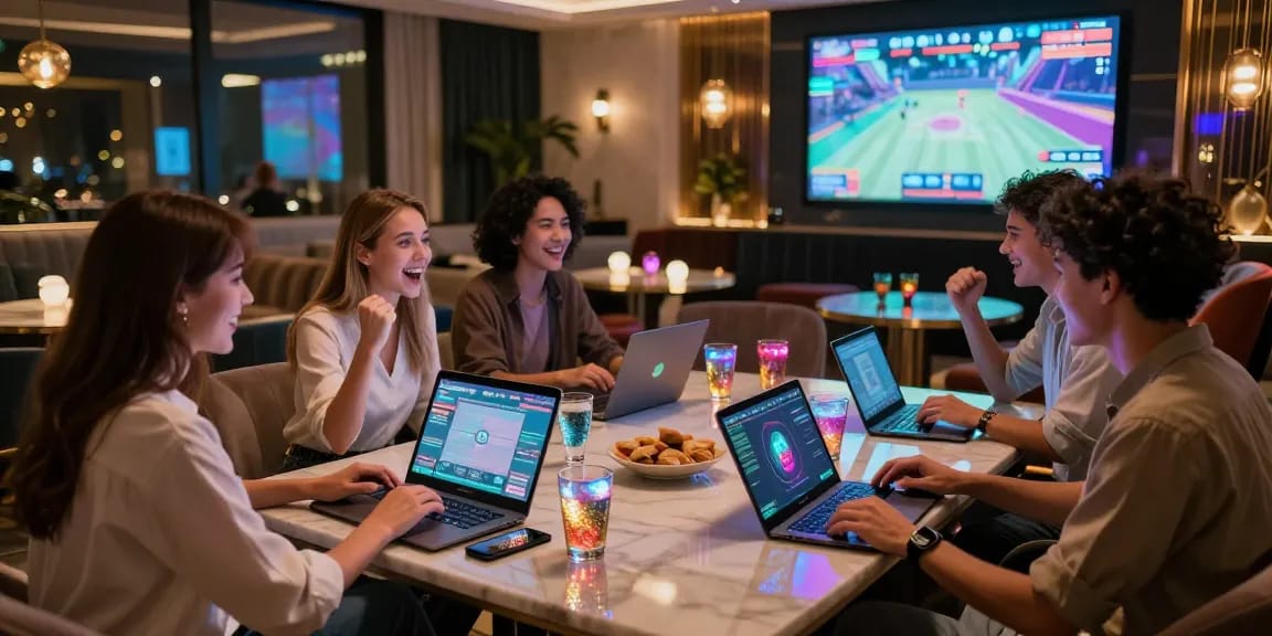 Friends enjoying IWIN games in a stylish lounge setting with drinks and excitement.