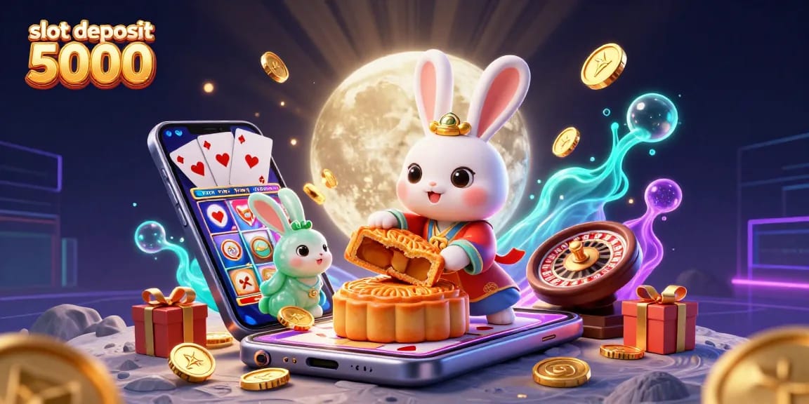 Engage in thrilling actions with slot deposit 5000 as vibrant moon rabbits unveil poker chips amidst rich casino elements.