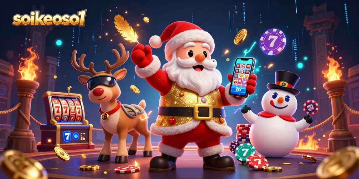 Santa Claus celebrates winning at soikeoso1 with jackpot slots, gold coins, and festive casino vibes