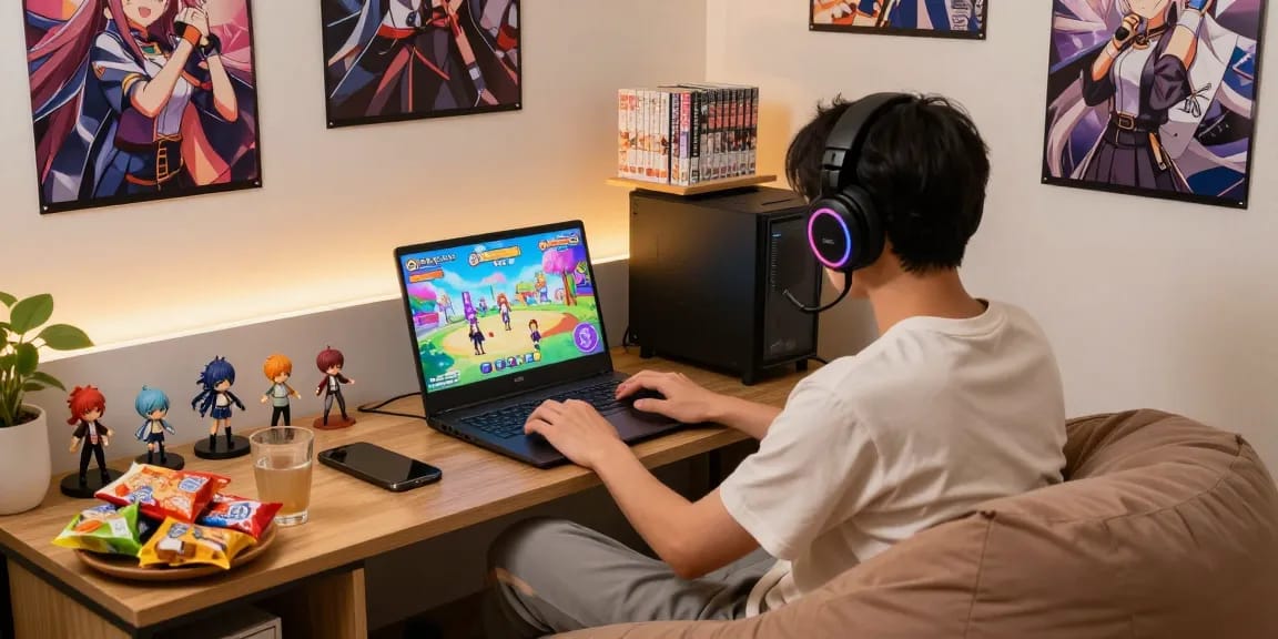 Engaging cozy gaming nook highlighting an adult gamer immersed in a hentaigame, surrounded by vibrant character posters and collectibles.