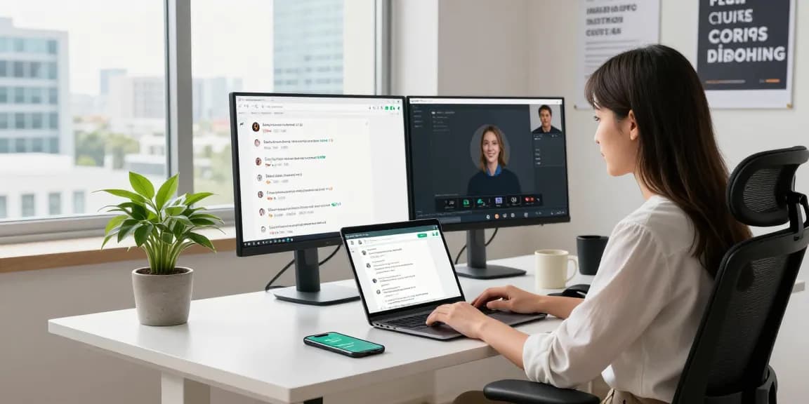 Young woman using WhatsApp網頁版 on her laptop in a modern workspace, showcasing digital communication.