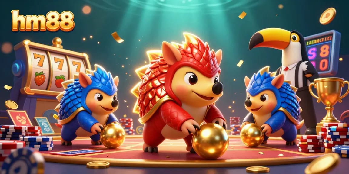hm88 casino battle featuring rival pangolins bowling through golden poker chips and slots