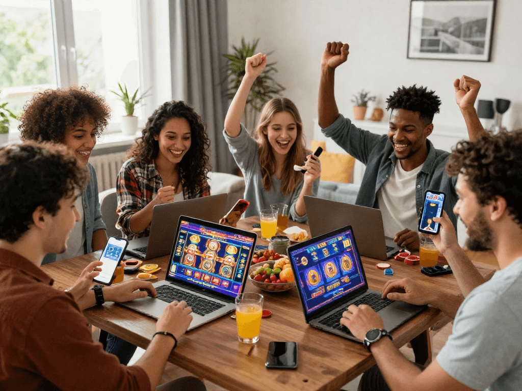 I migliori casino non AAMS: amici che festeggiano a casa con giochi d'azzardo online su schermi luminosi.