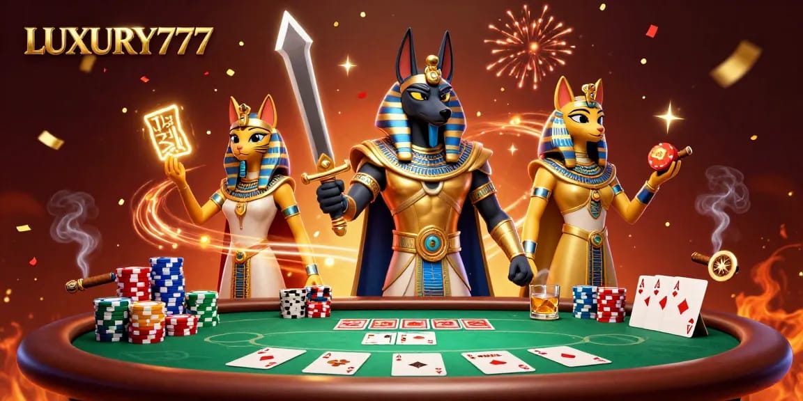 Permainan poker seru di LUXURY777 dengan karakter Anubis dan Bastet dalam ilustrasi 3D yang memukau.