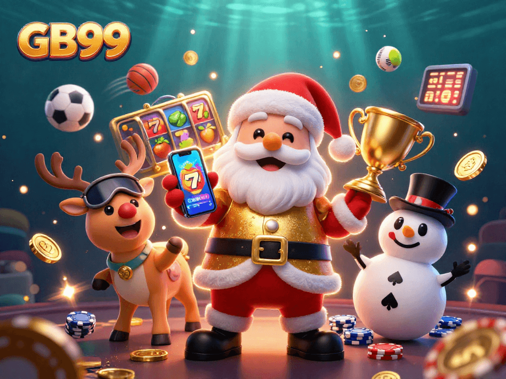 Experience the excitement of GB99 with Santa and friends celebrating jackpots in a vibrant casino scene.