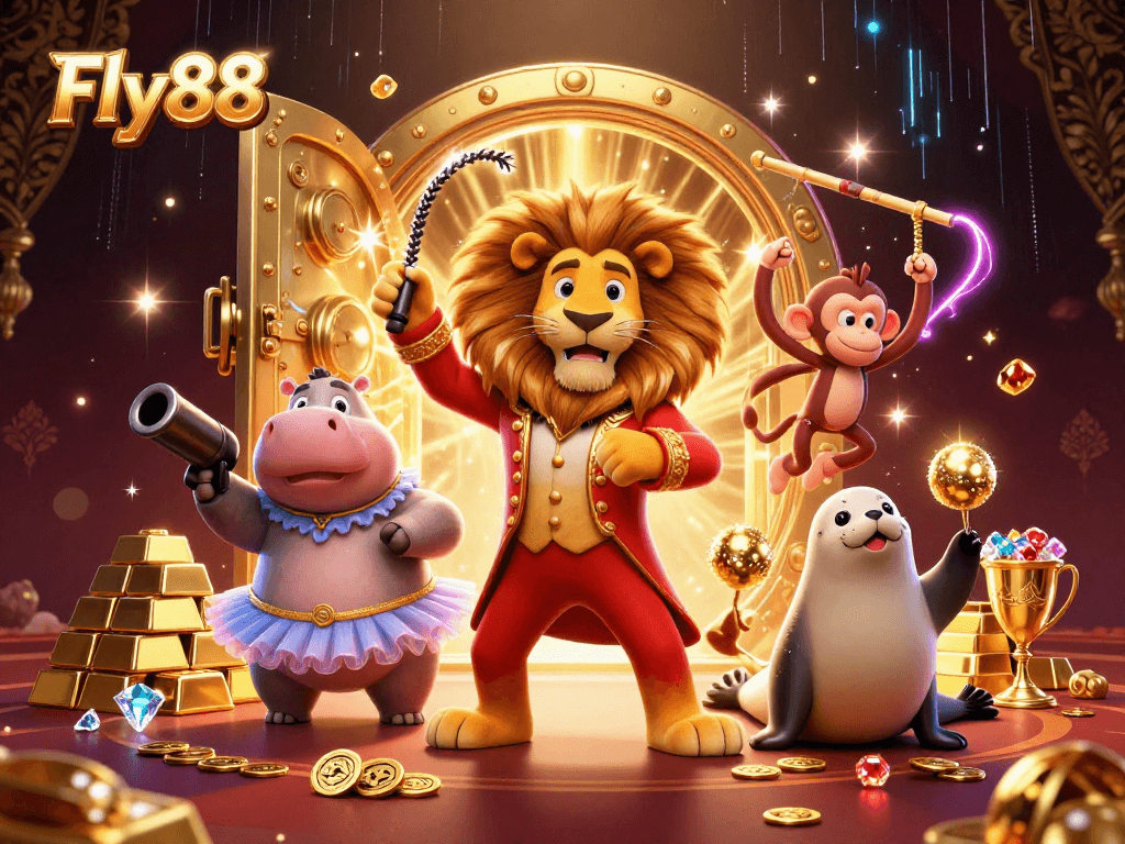 Fly88 showcases exhilarating casino excitement with vibrant 3D characters amidst golden treasures.