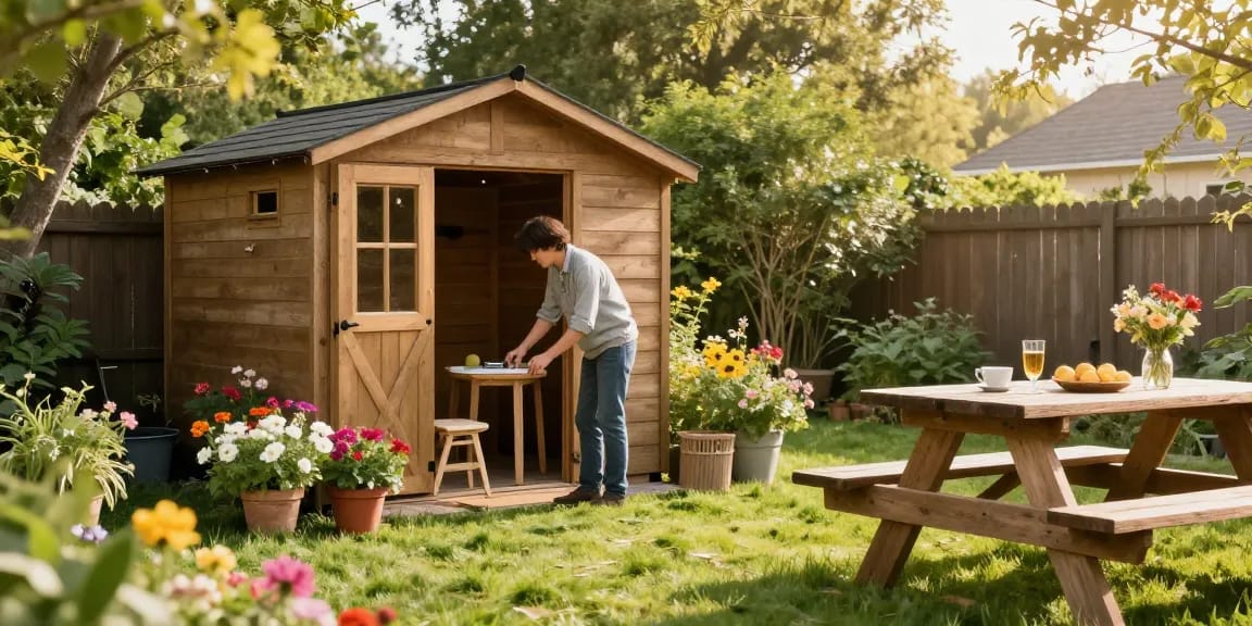 Ein Gartenhaus von McGarden24 im blühenden Garten, perfekt für entspannte Stunden im Freien.