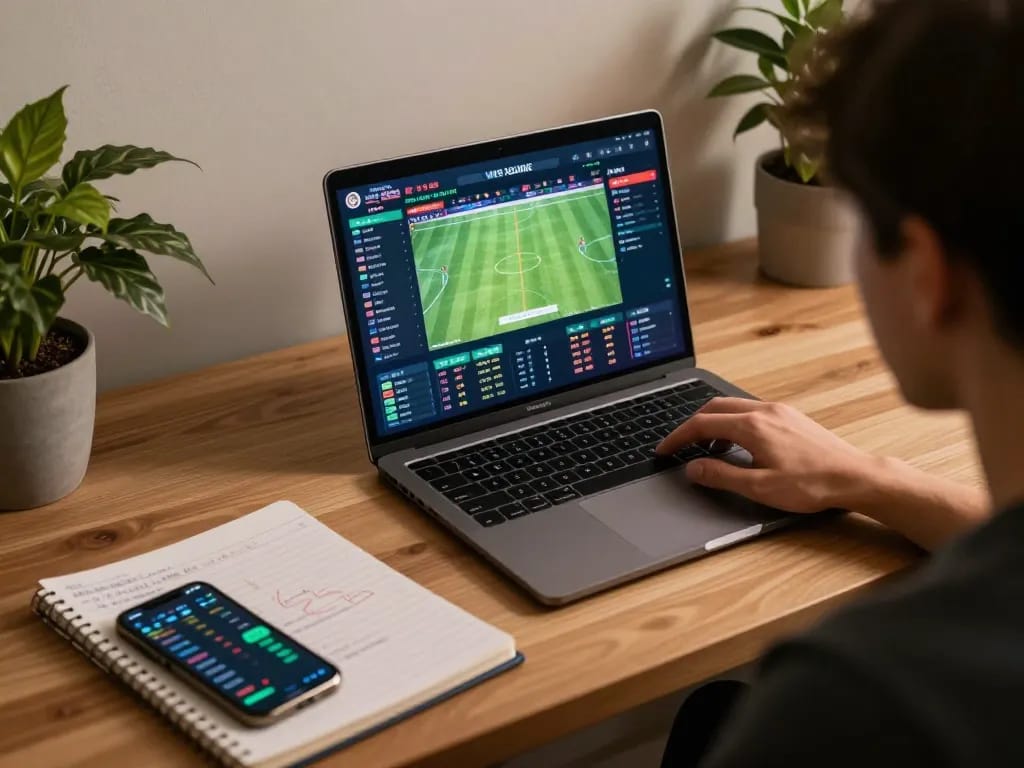Engaged in online sports betting, observing odds at keonhacaii on a sleek laptop, cozy atmosphere.
