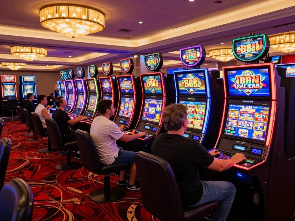 Pemain merayakan kemenangan dengan antusias di mesin slot88 dalam suasana kasino yang vibrant.