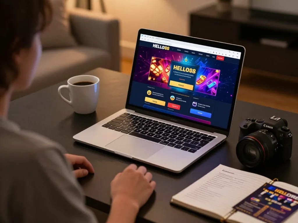 Player engaging with HELLO88 online casino platform on laptop, showcasing vibrant gaming interface.