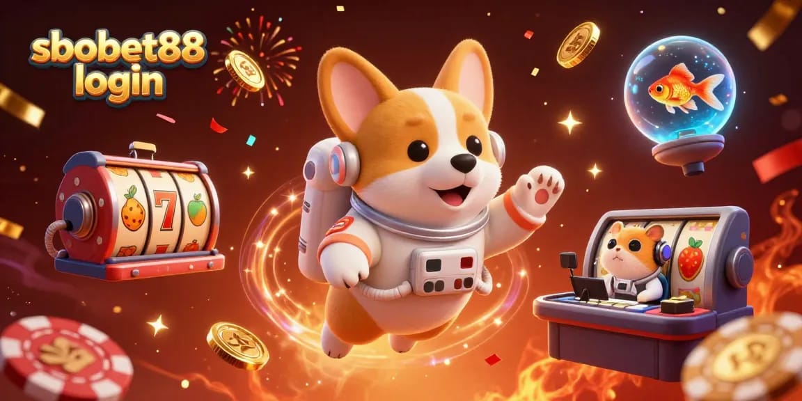 Experience sbobet88 login in a dynamic space casino scene with floating slots and festive decoration.
