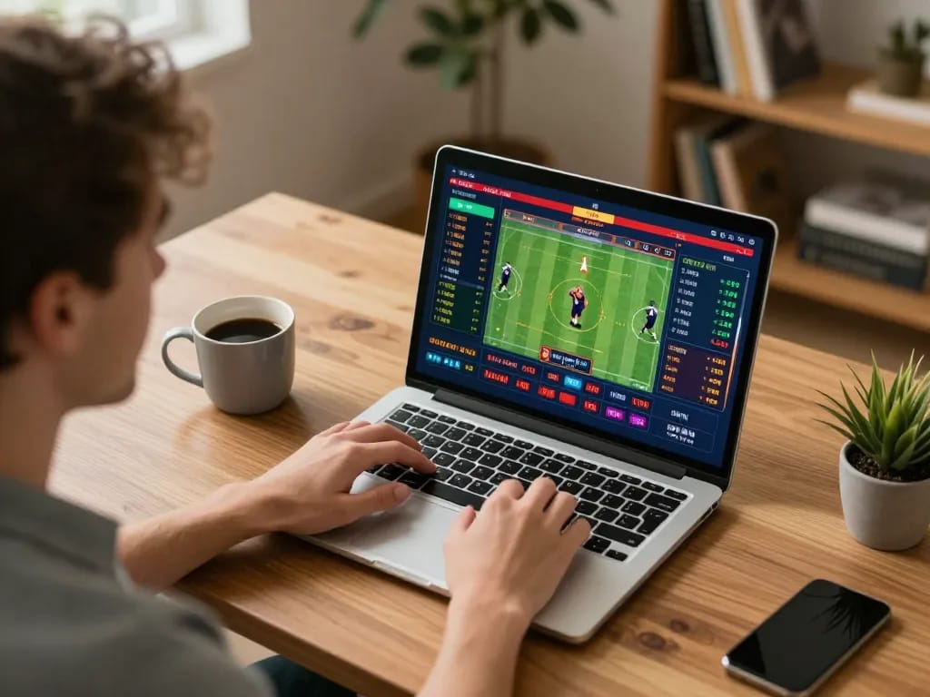 Kwin player analyzing live odds on laptop in a cozy betting setup.