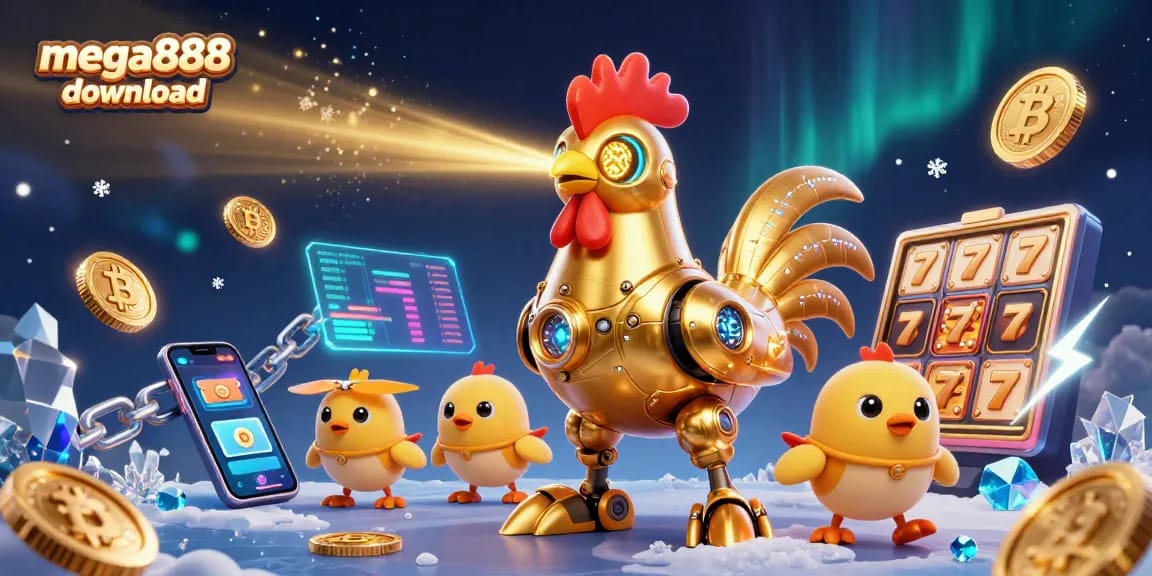 Play Mega888 download in thrilling style with a golden rooster robot surrounded by vibrant casino elements.