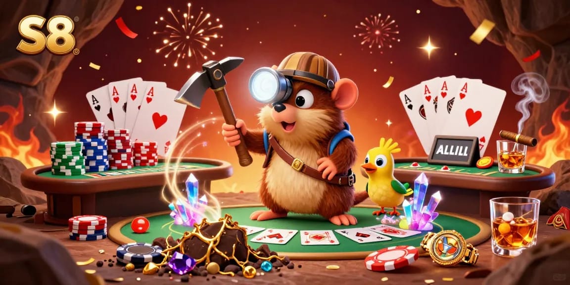 S8 offers a vibrant casino experience with a colorful poker scene surrounded by gold and gems.