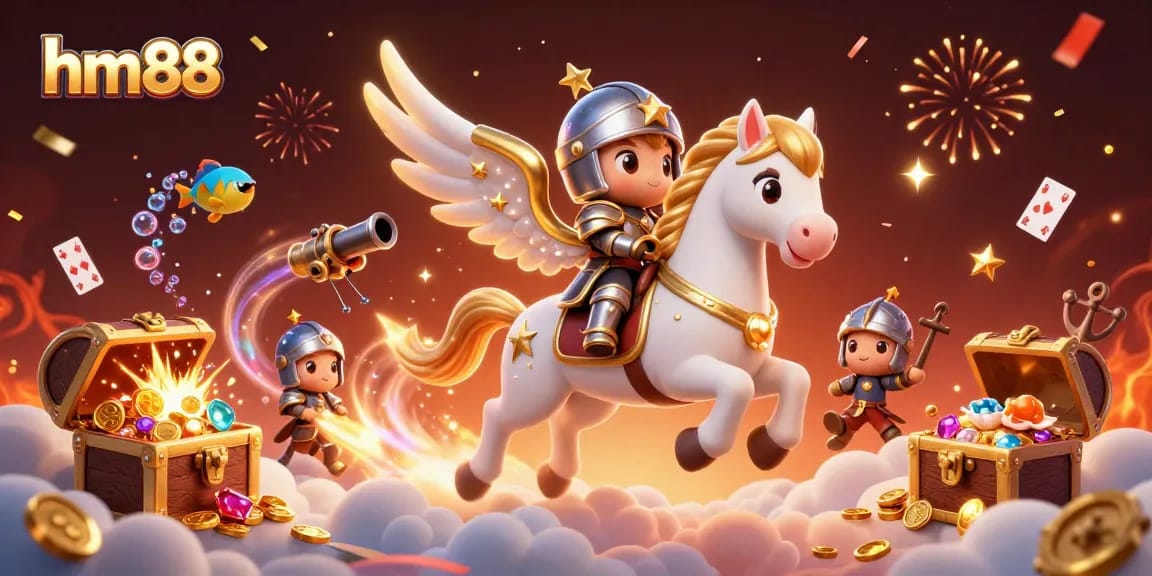 Experience dynamic gameplay at hm88 with a 3D celestial horse, celebrating wins amidst colorful gems and floating cards.