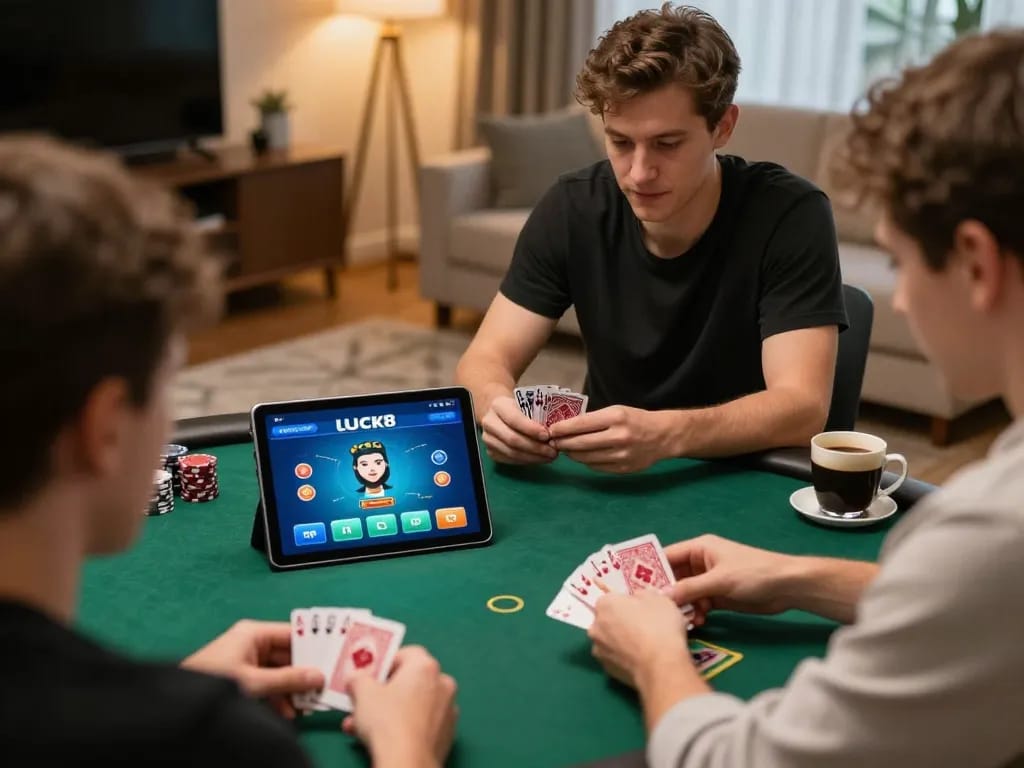 Chơi poker trực tuyến LUCK8 trên máy tính bảng trong phòng khách ấm cúng với sự tập trung chiến lược