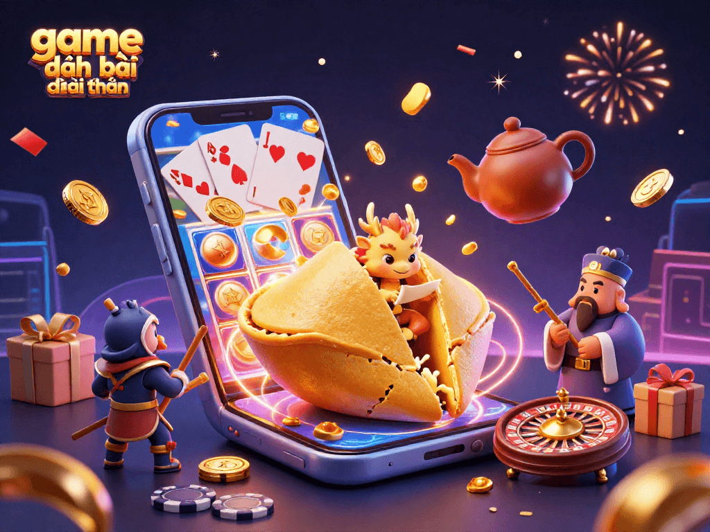 Engage in game đánh bài đổi thưởng with this vibrant 3D scene featuring dynamic characters and casino elements.