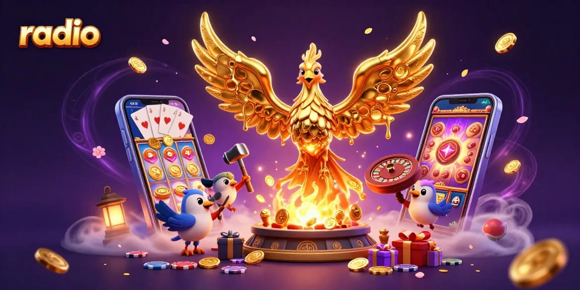 Experience thrilling casino action as the phoenix of victory emerges in a vibrant radio-themed illustration.