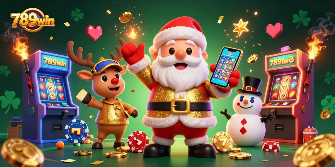Experience big wins with 789win's festive casino scene featuring Santa and gaming excitement!