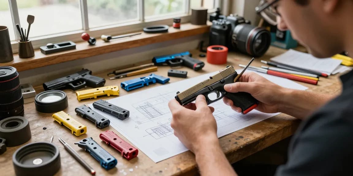 Custom Glock slides being expertly crafted at https://precisionglockslides.com in a professional workshop.