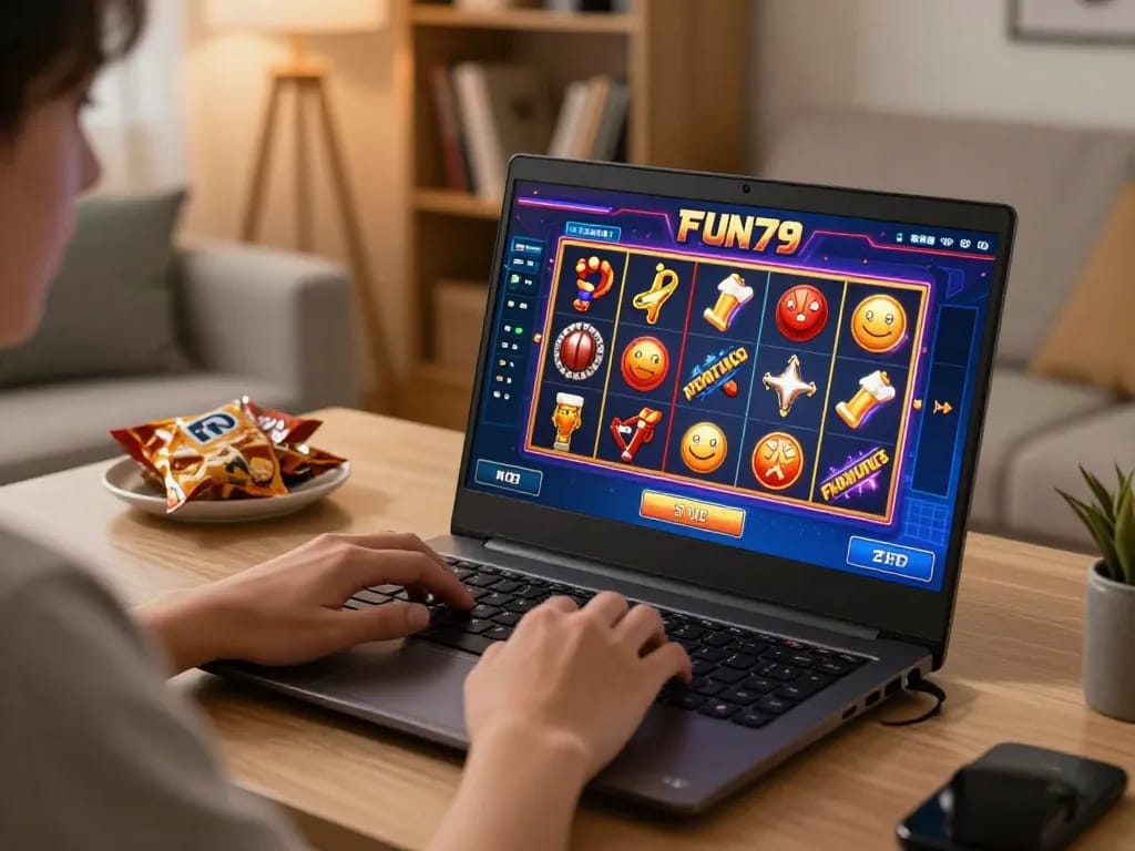 Engaging in FUN79 com gaming at home with laptop, vibrant slots interface displayed.