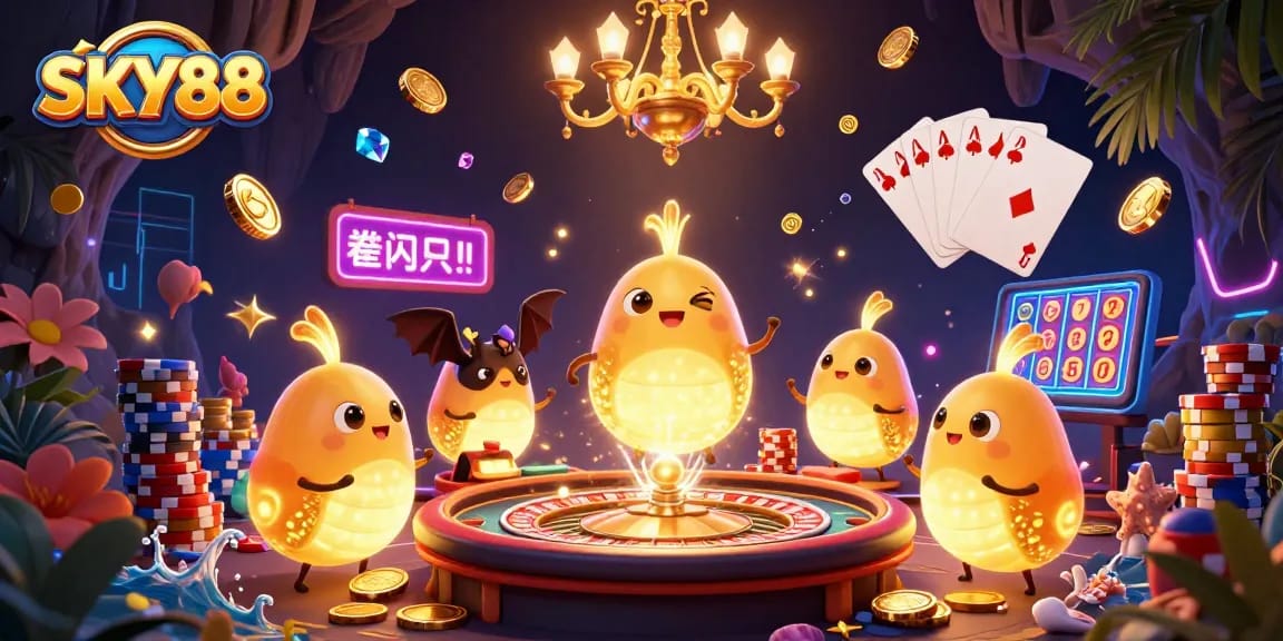 Experience thrilling gaming action at SKY88 with vibrantly illuminated casino scenes filled with exciting gamble elements.