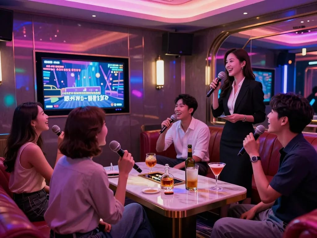 고급스러운 노래방과 활기찬 분위기를 특징으로 한 강남가라오케에서의 즐거운 밤.