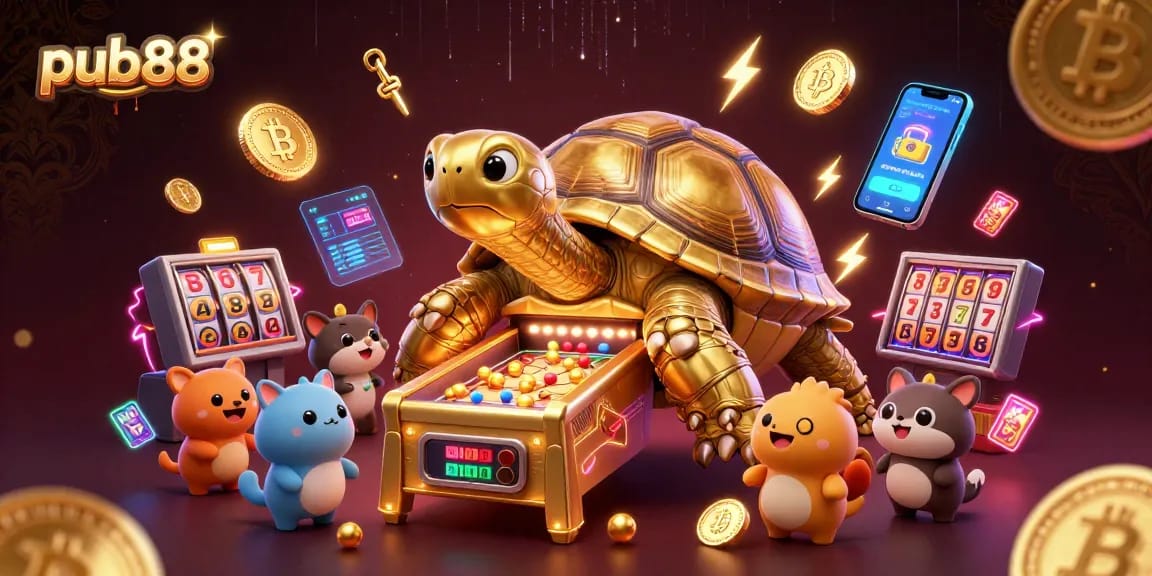 Experience thrilling gameplay at pub88 with a colossal tortoise pinball machine surrounded by vibrant crypto elements.
