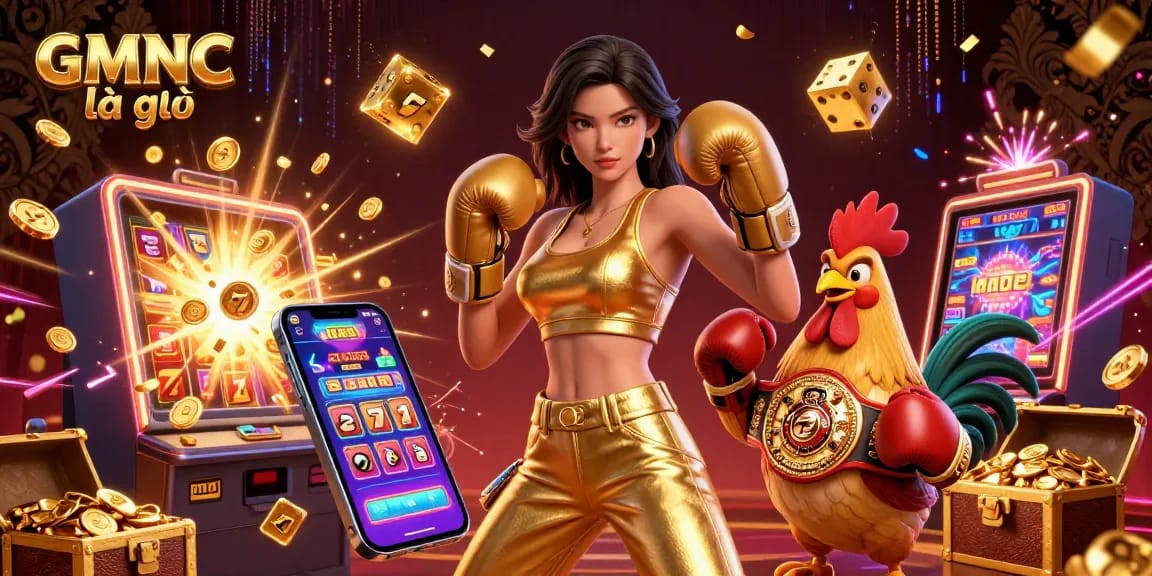 Win big with GMNC là gì, featuring a powerful sportswoman, championship rooster, and slot machine explosions in this vibrant digital art.