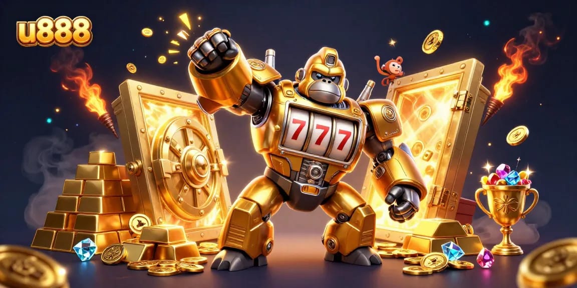 Engage in thrilling wins at u888 with colorful 3D gaming action showcasing slot machines and golden treasures.