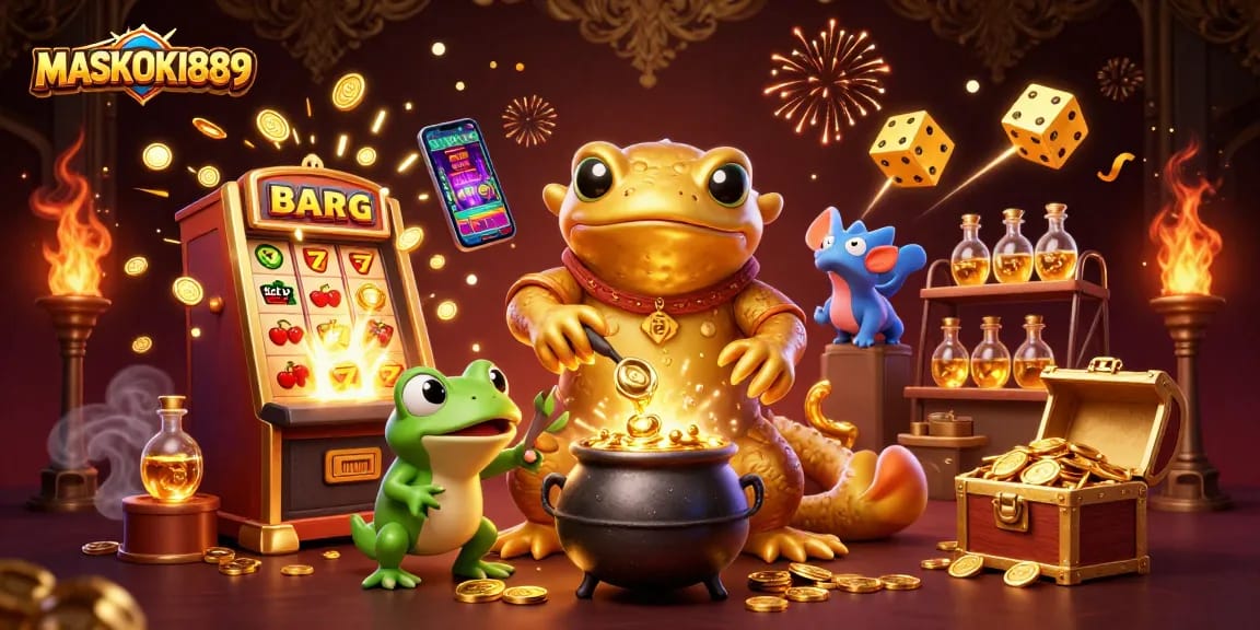 Experience gaming excitement with MASKOKI889 as golden coins and jackpots emerge in a vibrant casino scene.