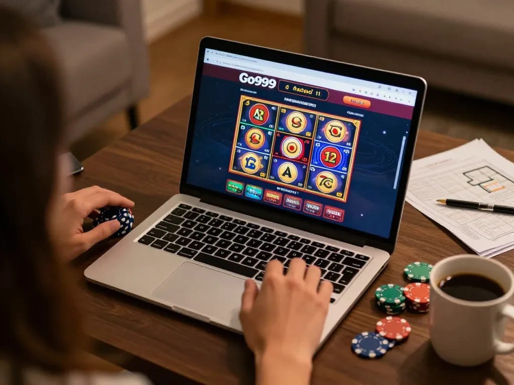 Engaging gameplay on Go999 with vibrant slot games in an inviting home gaming setup.