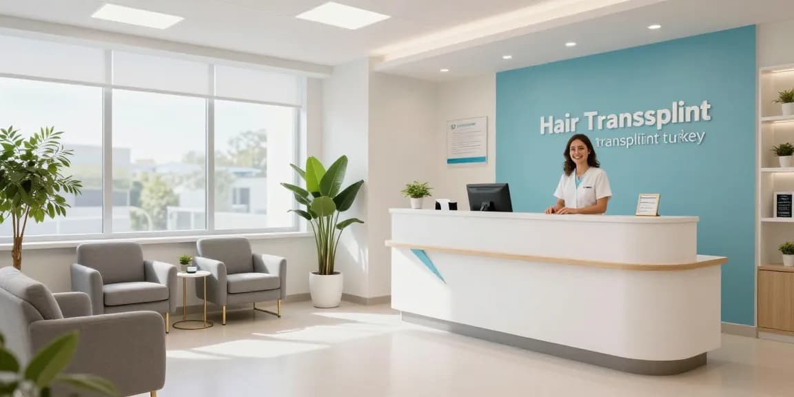 "Hair transplant Turkey: welcoming health clinic showcasing patient care and doctor consultation."