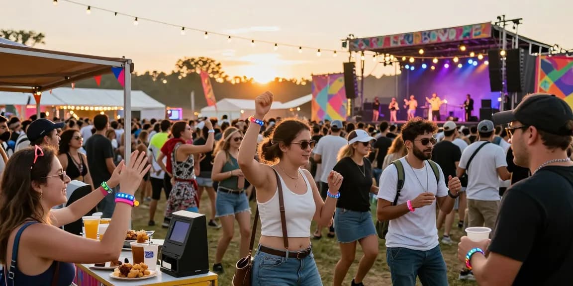 Engaged festival-goers enjoying cashless transactions with pulseras electrónicas para festivales, adding vibrancy and convenience to event experiences.