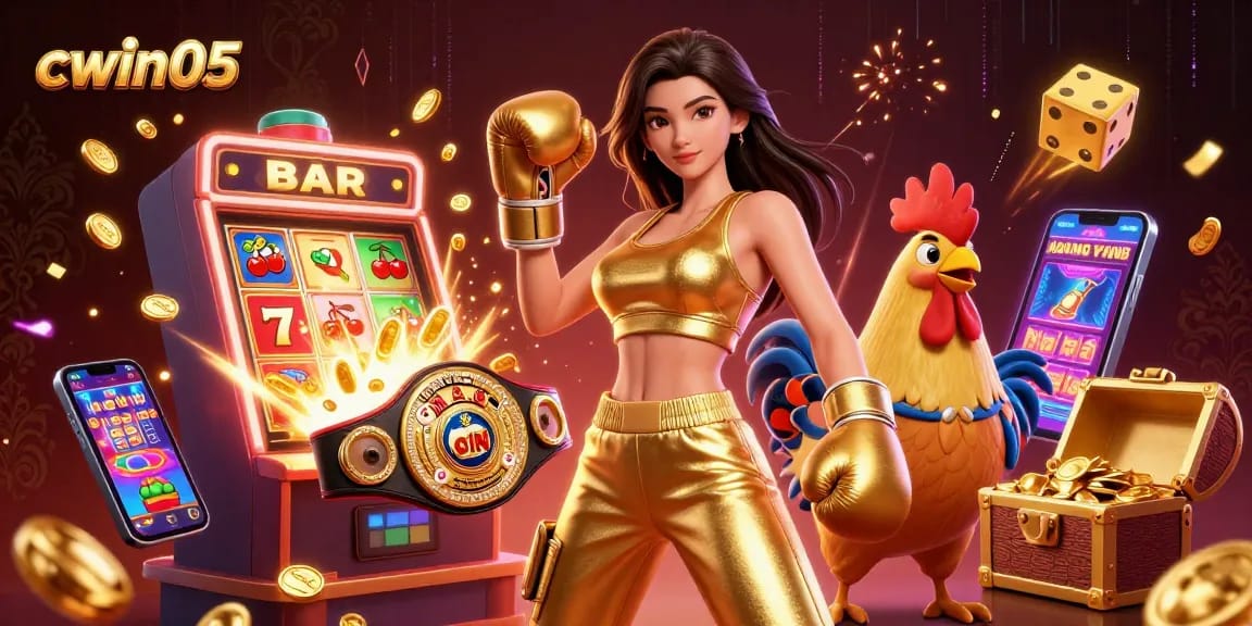 Cwin05 showcases a thrilling jackpot scene with vibrant slot machines and captivating characters.