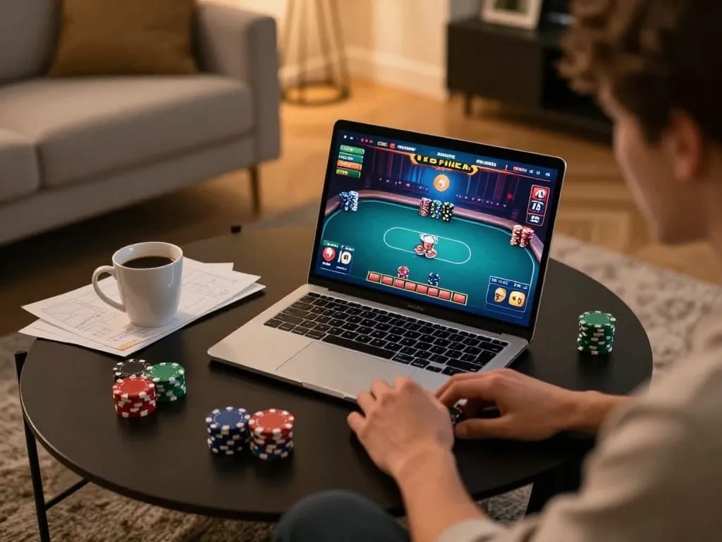 Player immersed in online poker at home using vin88lk, showcasing strategic gameplay with vibrant graphics.