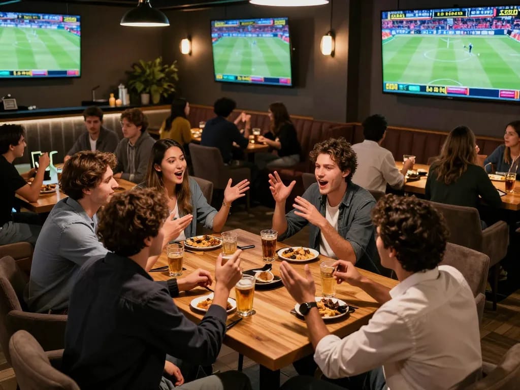 LIGA2000 betting excitement captured in a social sports bar with friends discussing game strategies