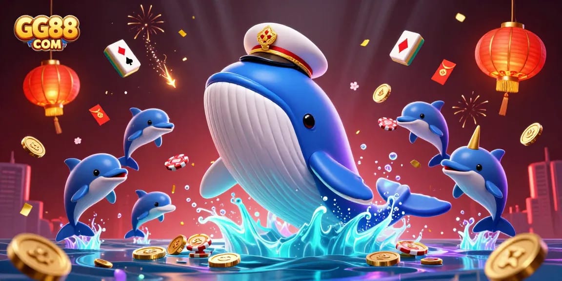 Win big with GG88 COM in a vibrant 3D illustration featuring a whale captain and casino delights.
