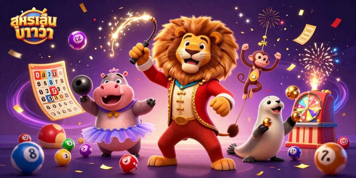 Engage with สูตรเล่นบาคาร่า strategies illustrated by a circus scene featuring dynamic characters and game elements.