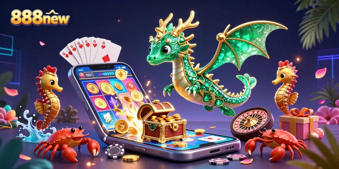 Experience 888new excitement with a dynamic 3D illustration of a sea dragon, slot games, and vibrant casino elements.